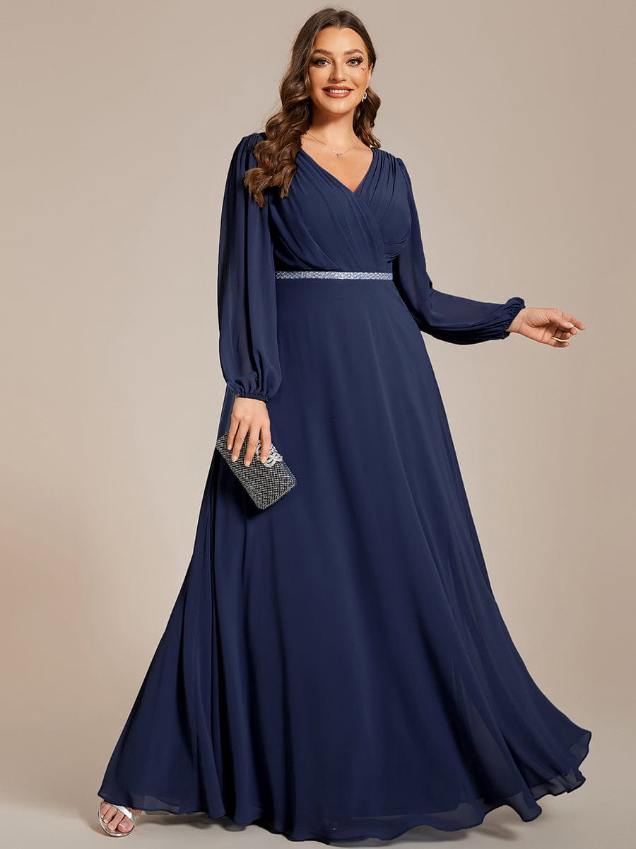 Enhanced V-Neck Sheer-Sleeved A-Line Chiffon Evening Dress