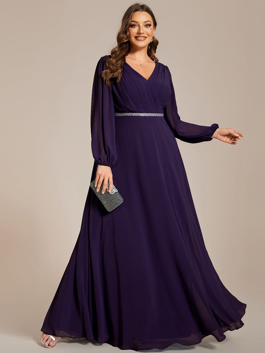 Enhanced V-Neck Sheer-Sleeved A-Line Chiffon Evening Dress