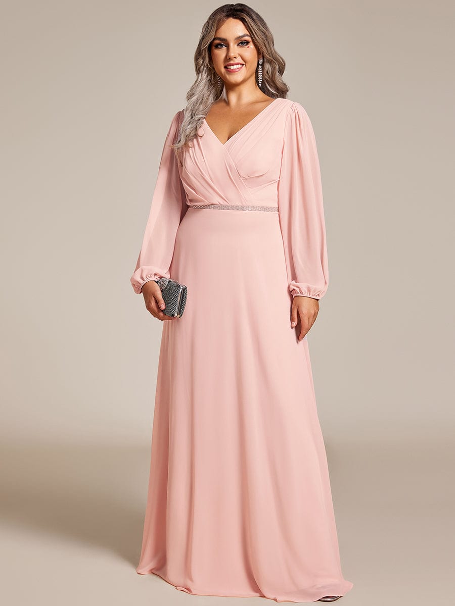 Enhanced V-Neck Sheer-Sleeved A-Line Chiffon Evening Dress