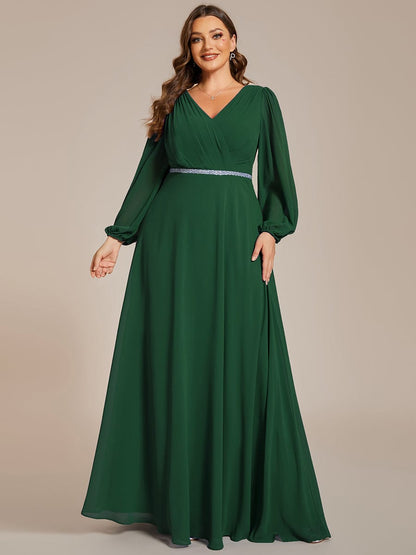 Enhanced V-Neck Sheer-Sleeved A-Line Chiffon Evening Dress