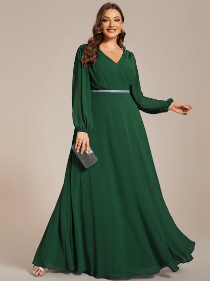 Enhanced V-Neck Sheer-Sleeved A-Line Chiffon Evening Dress