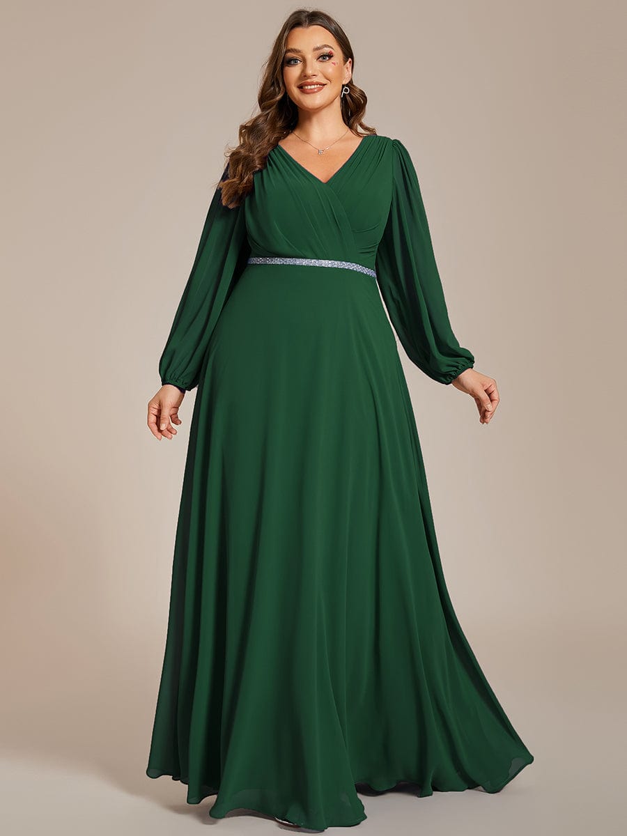 Enhanced V-Neck Sheer-Sleeved A-Line Chiffon Evening Dress