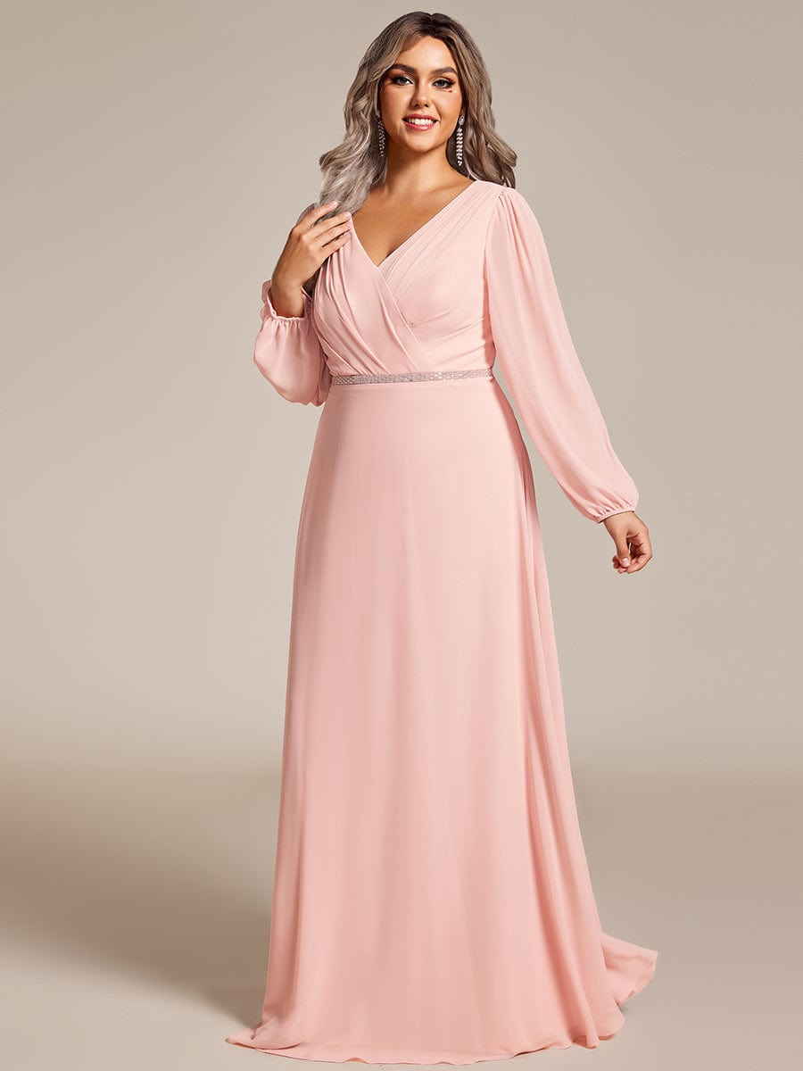 Enhanced V-Neck Sheer-Sleeved A-Line Chiffon Evening Dress