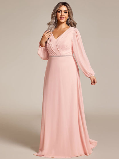 Enhanced V-Neck Sheer-Sleeved A-Line Chiffon Evening Dress