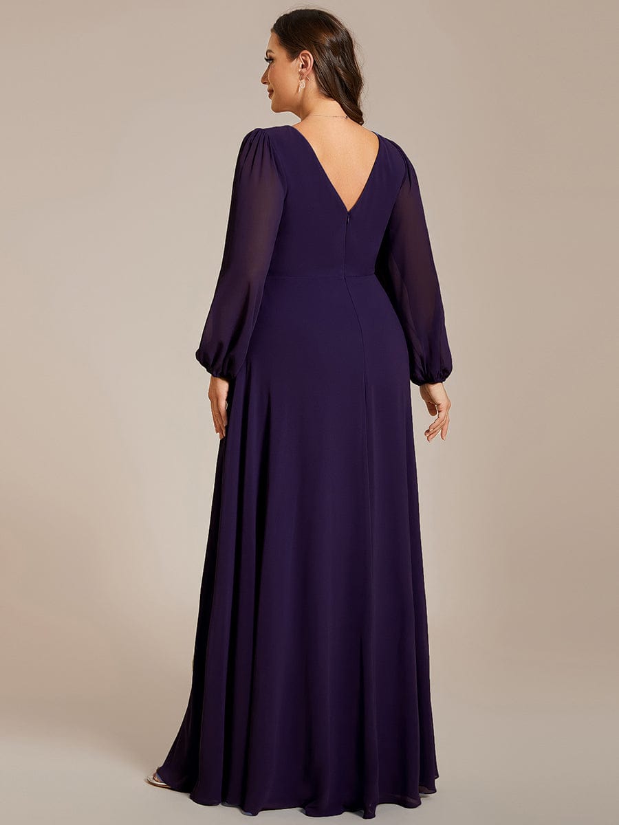 Enhanced V-Neck Sheer-Sleeved A-Line Chiffon Evening Dress