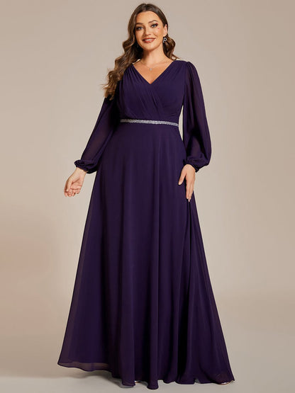 Enhanced V-Neck Sheer-Sleeved A-Line Chiffon Evening Dress