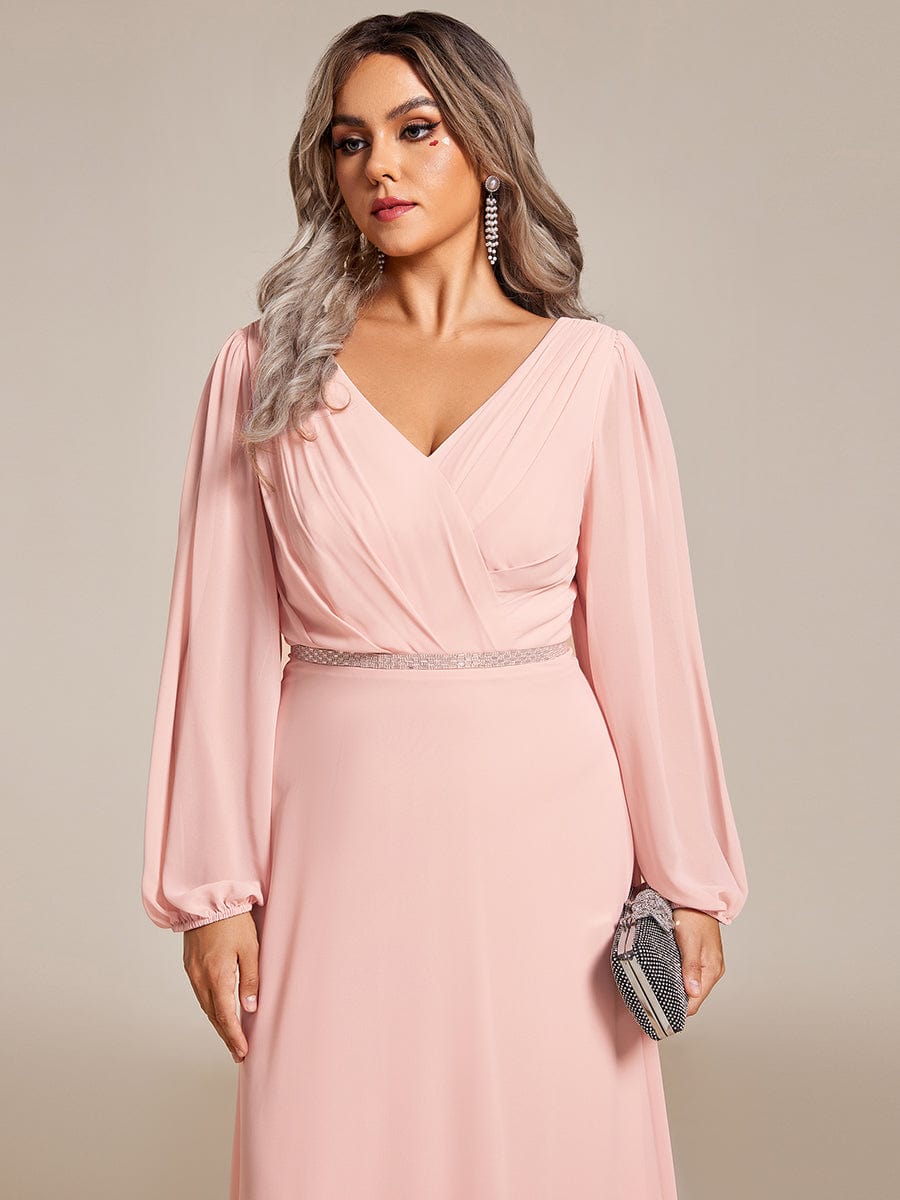 Enhanced V-Neck Sheer-Sleeved A-Line Chiffon Evening Dress