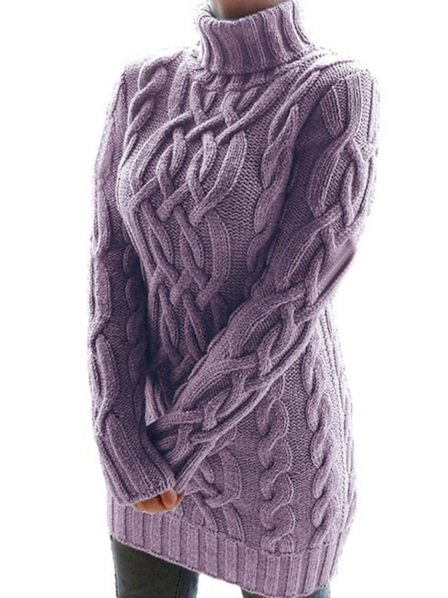 Women's Dress - Sweater Dress Winter Dress Purple Khaki Gray White Black Long Sleeve Pure Color Patchwork Jacquard Winter Fall Turtleneck Casual S M L XL Winter Dress