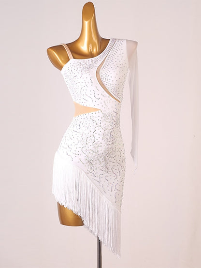 Latin Dance Dress Tassel Split Joint Crystals / Rhinestones Women's Performance Training Long Sleeve Chinlon Mesh - LuckyFash™
