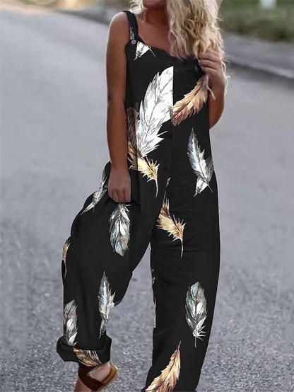 Jumpsuits for Women Summer Overall Pocket Print Floral Square Neck Streetwear Daily Vacation Regular Fit Sleeveless Black White Yellow S M L Summer - LuckyFash™