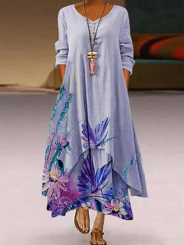 Women's Dress - Casual Dress Holiday Dress Shift Dress Long Dress Maxi Dress Photo Color Long Sleeve Floral Print Summer Spring Crew Neck Basic Winter Dress Fall Dress 2023 S M L XL XXL XXXL 4XL 5XL