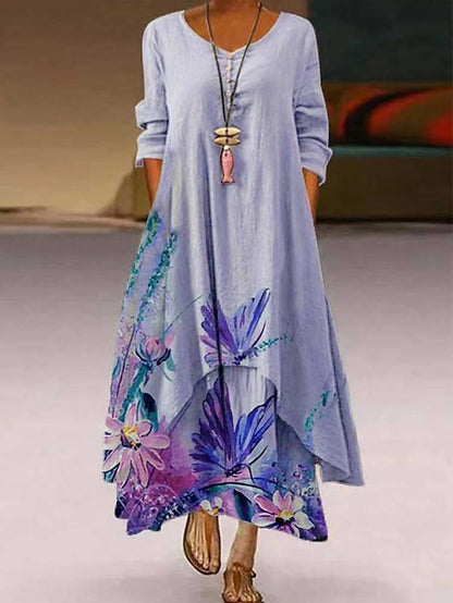 Women's Dress - Casual Dress Holiday Dress Shift Dress Long Dress Maxi Dress Photo Color Long Sleeve Floral Print Summer Spring Crew Neck Basic Winter Dress Fall Dress 2023 S M L XL XXL XXXL 4XL 5XL