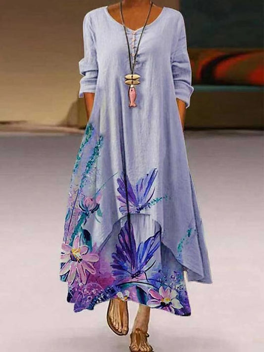 Women's Dress - Casual Dress Holiday Dress Shift Dress Long Dress Maxi Dress Photo Color Long Sleeve Floral Print Summer Spring Crew Neck Basic Winter Dress Fall Dress 2023 S M L XL XXL XXXL 4XL 5XL