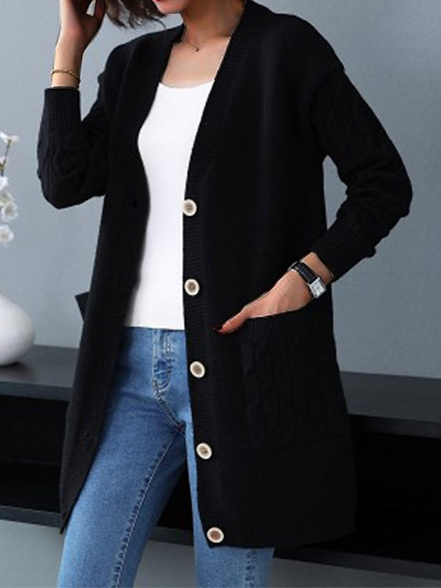 Women's Cardigan Sweater V Neck Cable Knit Knit Spandex Yarns Button Pocket Fall Winter Long Outdoor Daily Going out Stylish Casual Soft Long Sleeve Solid Color Black Red Blue S M L