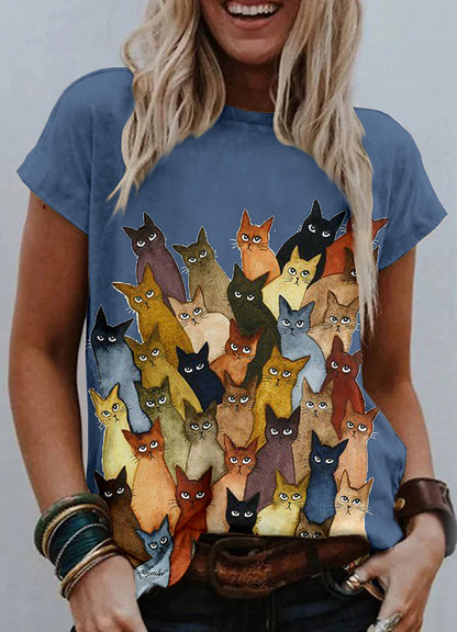 Graphic Cat Print Women's T-shirt with Shoulder Cut-outs
