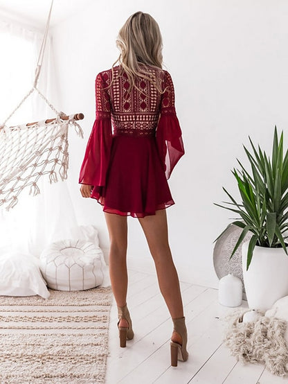 Women's Dress - Party Dress Lace Dress White Dress Mini Dress Black White Wine Long Sleeve Pure Color Lace Summer Spring V Neck Hot Winter Dress Fall Dress Slim 2023 S M L XL XXL