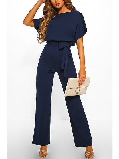 Jumpsuits for Women Summer Dressy Short Sleeve Belt Clean Fit Party Wide Leg Playsuit Long Pants Summer - LuckyFash™