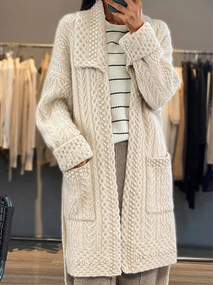 Women's Cardigan Sweater Jumper Cable Knit Long Lace up Button Solid Color Shirt Collar Stylish Casual Outdoor Holiday Fall Winter Beige S M L