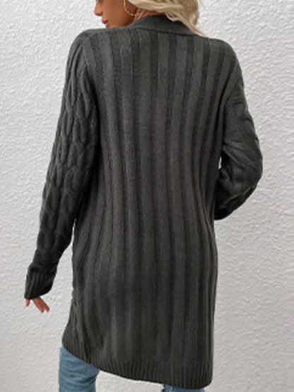 Women's Cardigan Sweater Cowl Cable Knit Faux Fur Button Pocket Summer Fall Long Daily Holiday Going out Stylish Casual Soft Long Sleeve Solid Color Black Yellow Light Green S M L