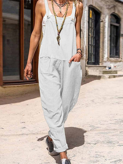 Jumpsuits for Women Summer Overall Pocket Solid Color Square Neck Streetwear Daily Vacation Regular Fit Sleeveless Black White Green S M L - LuckyFash™