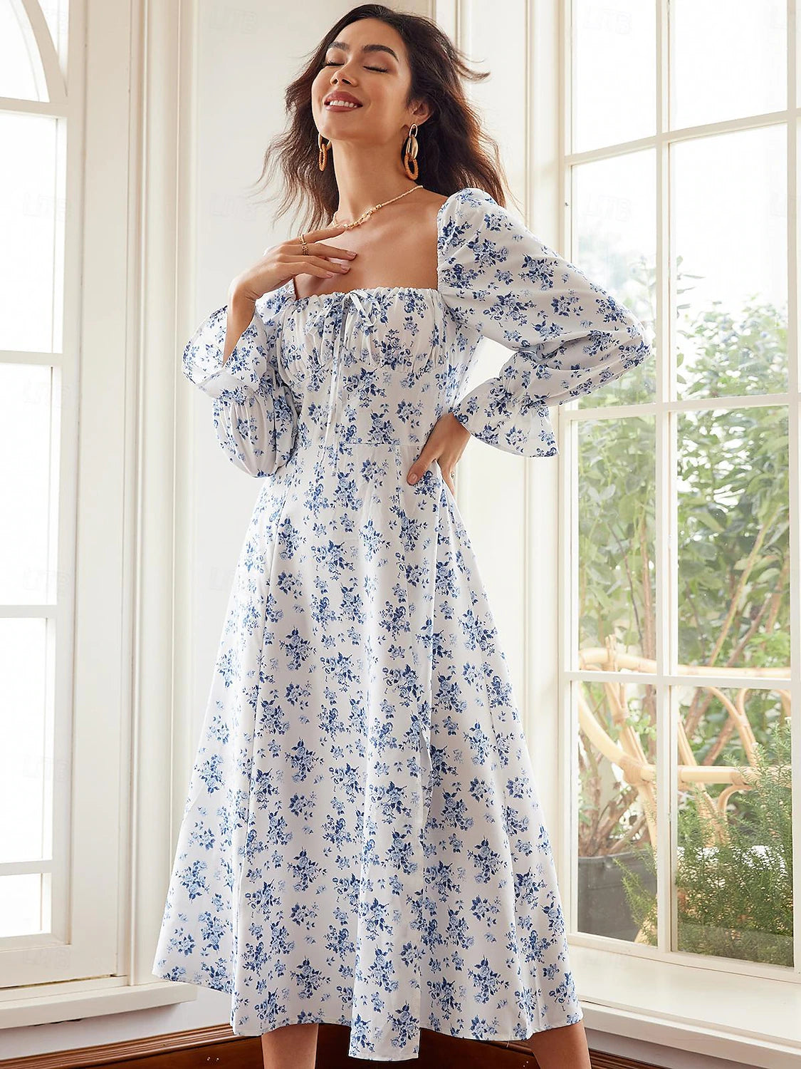 Women's Print Tie Neck Midi Dress Long Sleeve Summer Spring