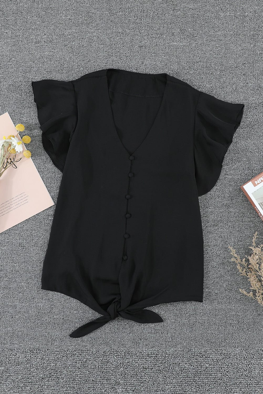 Eternal Black Tie-Front Ruffle Sleeve Blouse