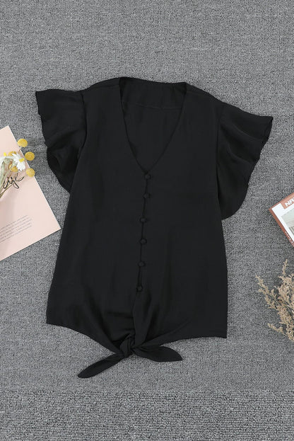 Eternal Black Tie-Front Ruffle Sleeve Blouse