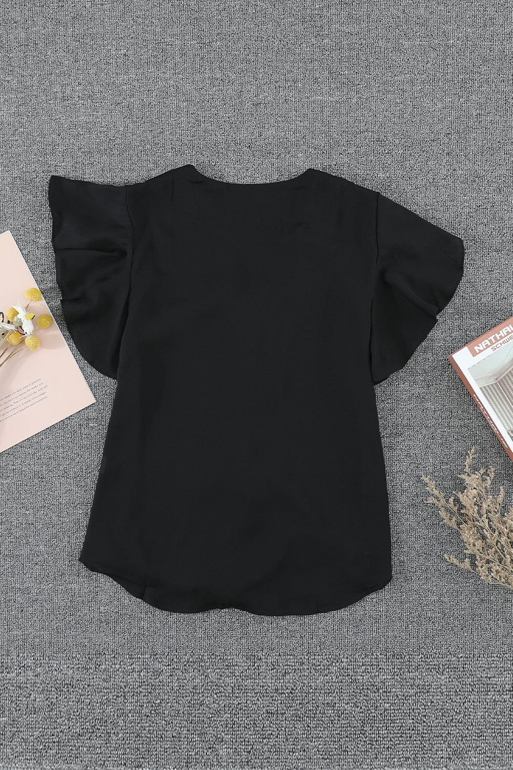 Eternal Black Tie-Front Ruffle Sleeve Blouse