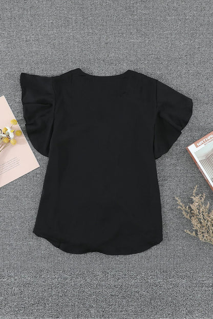 Eternal Black Tie-Front Ruffle Sleeve Blouse