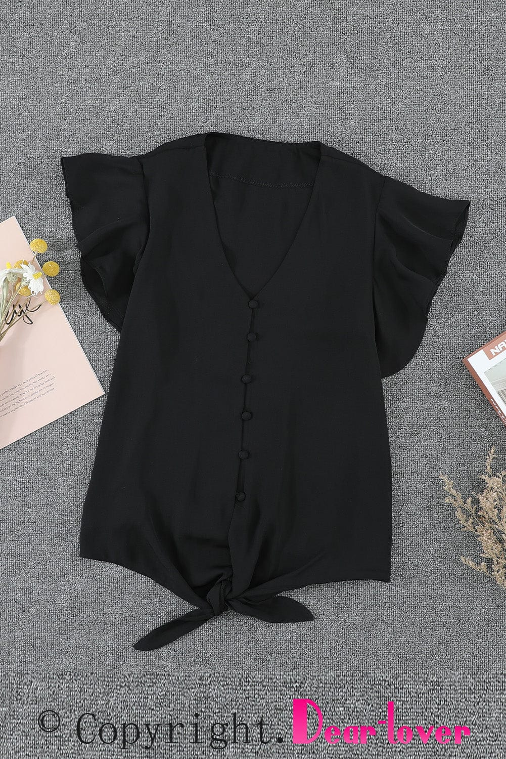 Eternal Black Tie-Front Ruffle Sleeve Blouse