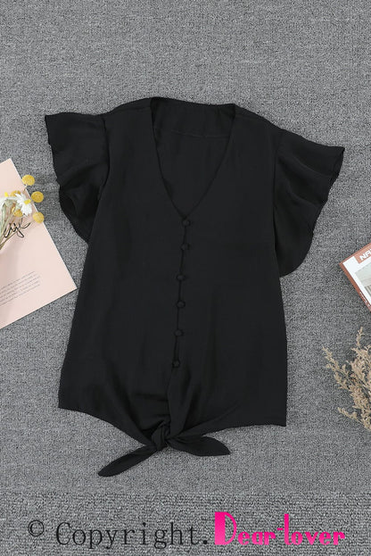 Eternal Black Tie-Front Ruffle Sleeve Blouse