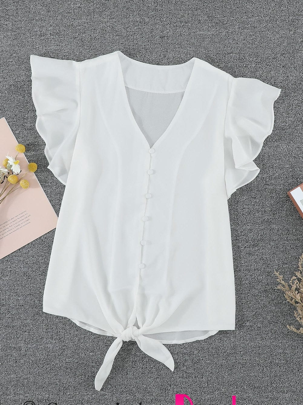 Eternal White Button-Up Tie Top with Ruffle Sleeves