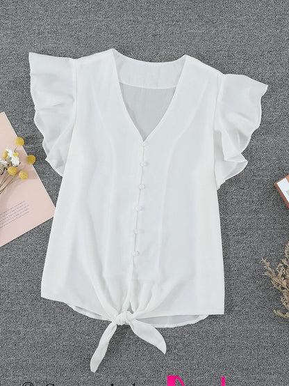 Eternal White Button-Up Tie Top with Ruffle Sleeves