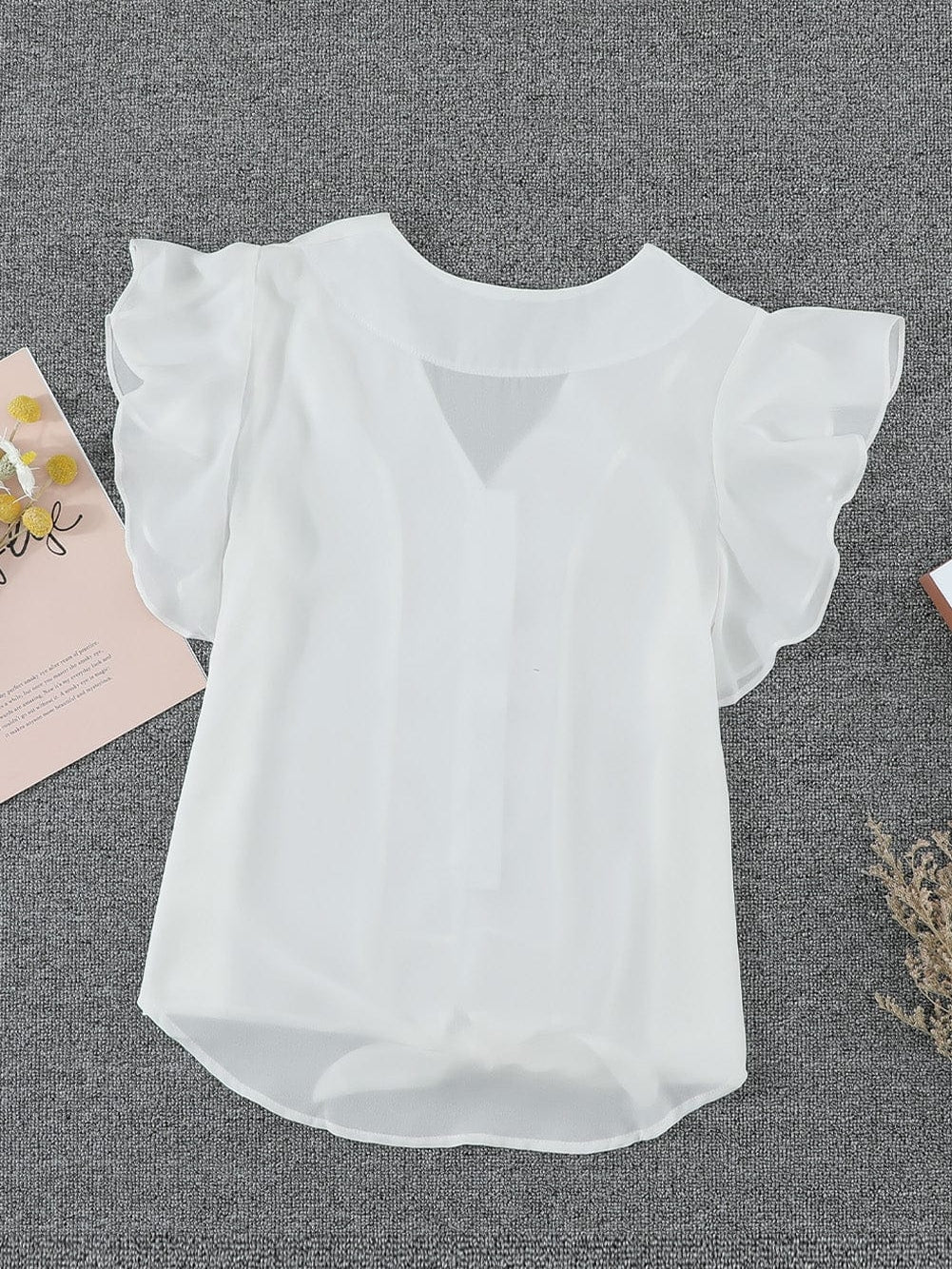 Eternal White Button-Up Tie Top with Ruffle Sleeves