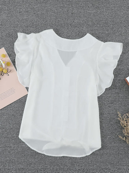 Eternal White Button-Up Tie Top with Ruffle Sleeves