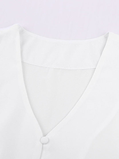 Eternal White Button-Up Tie Top with Ruffle Sleeves