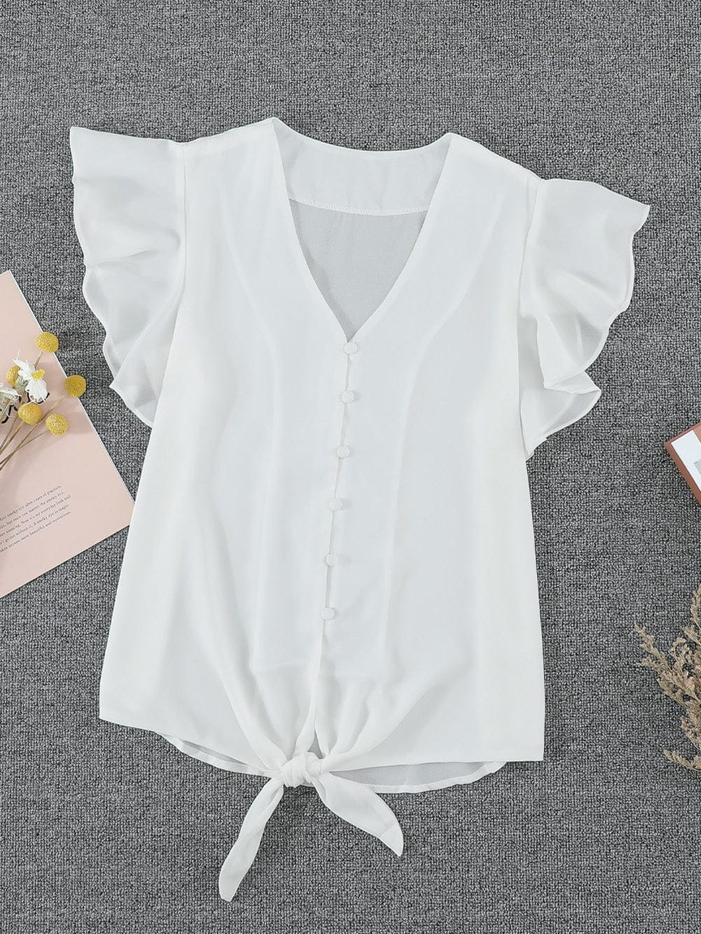 Eternal White Button-Up Tie Top with Ruffle Sleeves