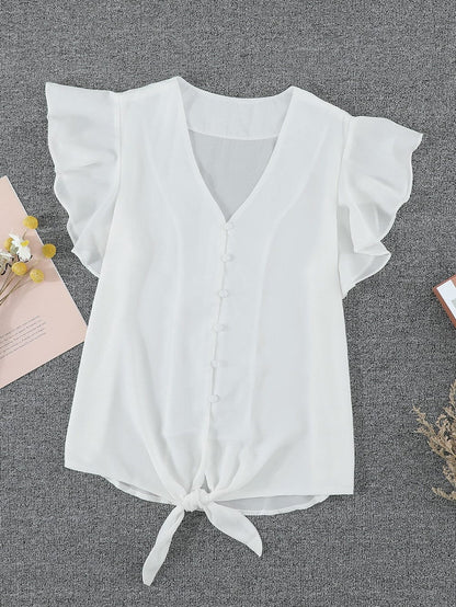 Eternal White Button-Up Tie Top with Ruffle Sleeves