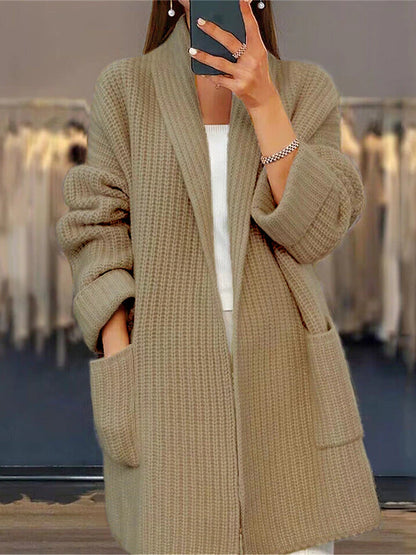 Women's Cardigan Sweater Open Front Ribbed Knit Acrylic Pocket Fall Winter Long Valentine's Day Daily Going out Stylish Casual Soft Long Sleeve Solid Color Pink Camel Beige S M L