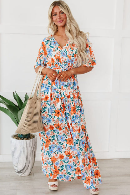 Ethereal Sky Blue Floral Wrap Maxi Dress