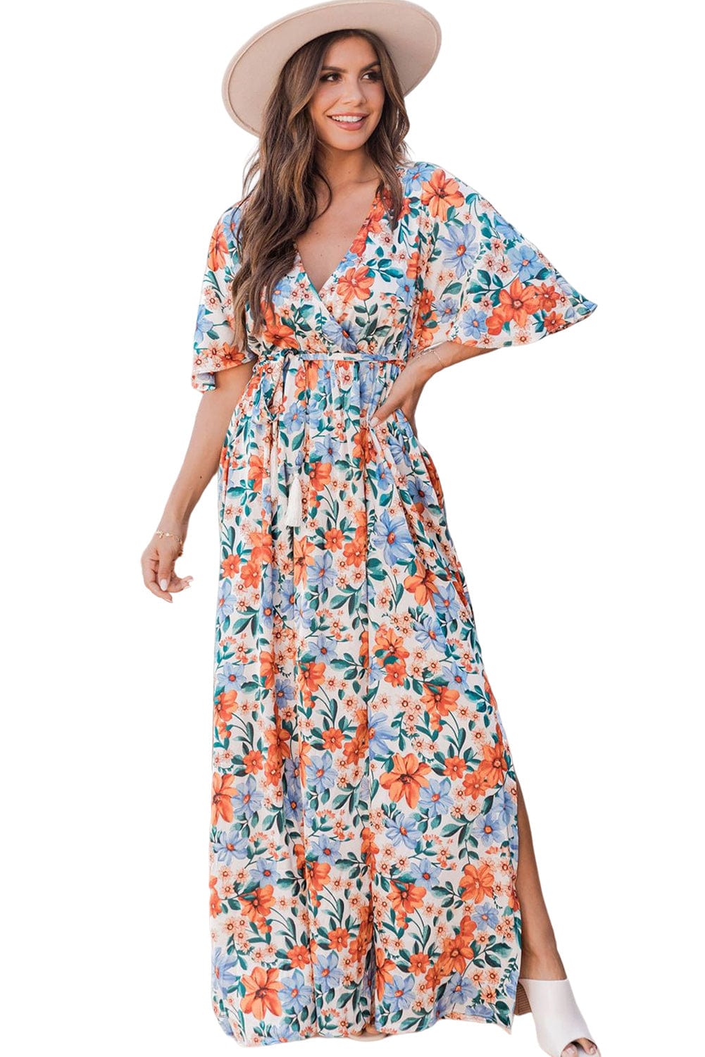 Ethereal Sky Blue Floral Wrap Maxi Dress