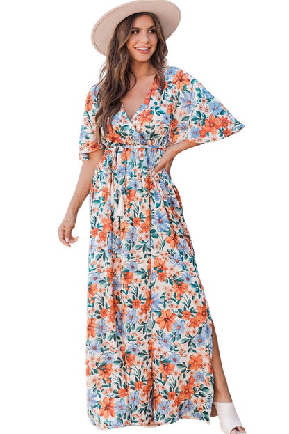 Ethereal Sky Blue Floral Wrap Maxi Dress