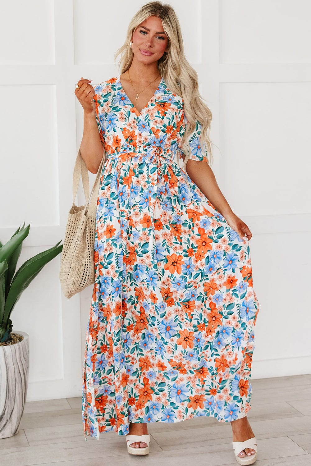 Ethereal Sky Blue Floral Wrap Maxi Dress