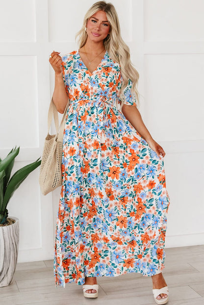 Ethereal Sky Blue Floral Wrap Maxi Dress