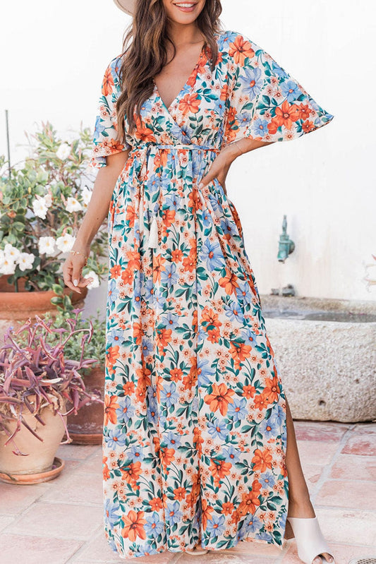 Ethereal Sky Blue Floral Wrap Maxi Dress