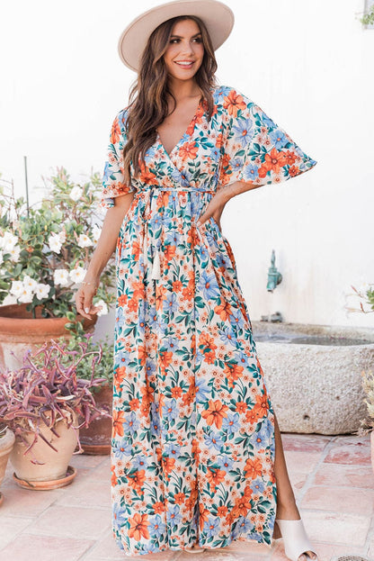 Ethereal Sky Blue Floral Wrap Maxi Dress