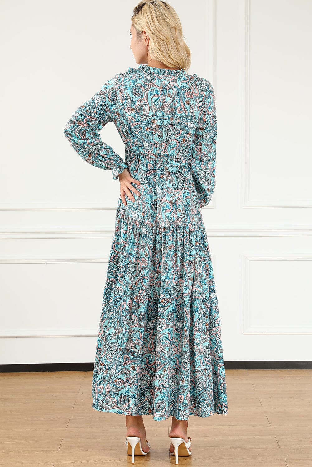 Ethereal Sky Blue Paisley Print Boho Maxi Dress with Long Sleeves