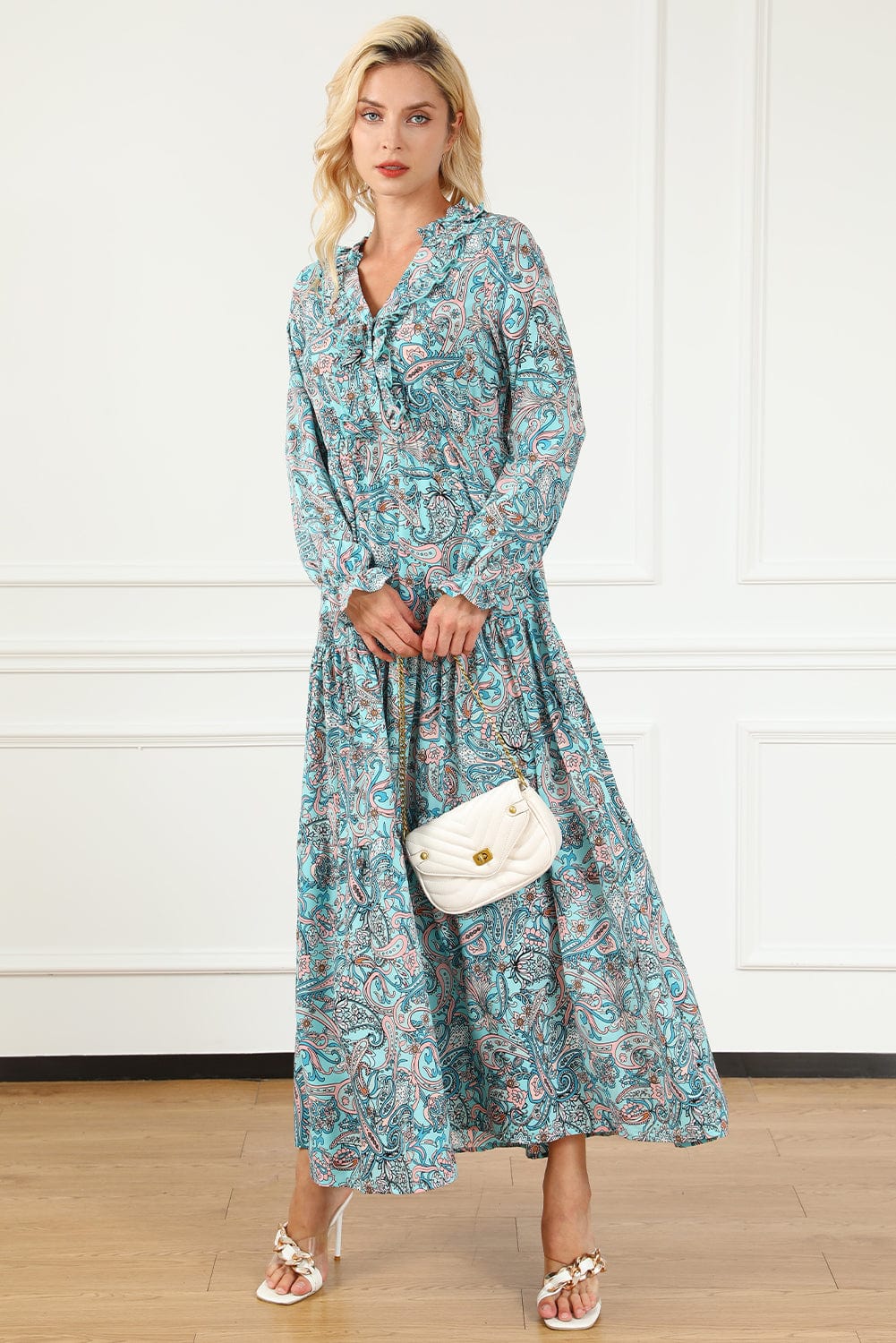 Ethereal Sky Blue Paisley Print Boho Maxi Dress with Long Sleeves
