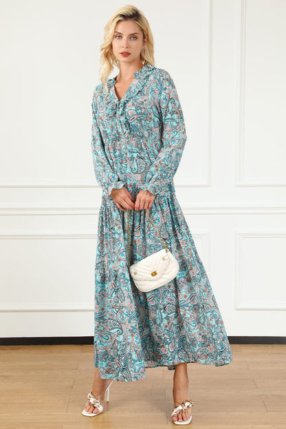 Ethereal Sky Blue Paisley Print Boho Maxi Dress with Long Sleeves