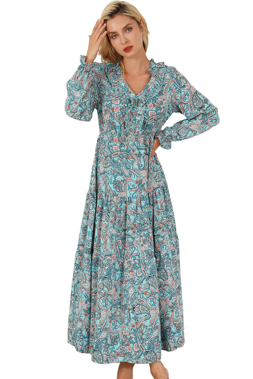 Ethereal Sky Blue Paisley Print Boho Maxi Dress with Long Sleeves
